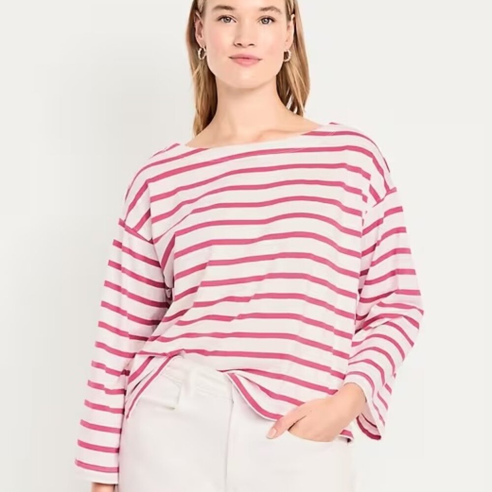 Old Navy Long-Sleeve Mariner Loose T-Shirt red & white stripes new w tags XL Tal
